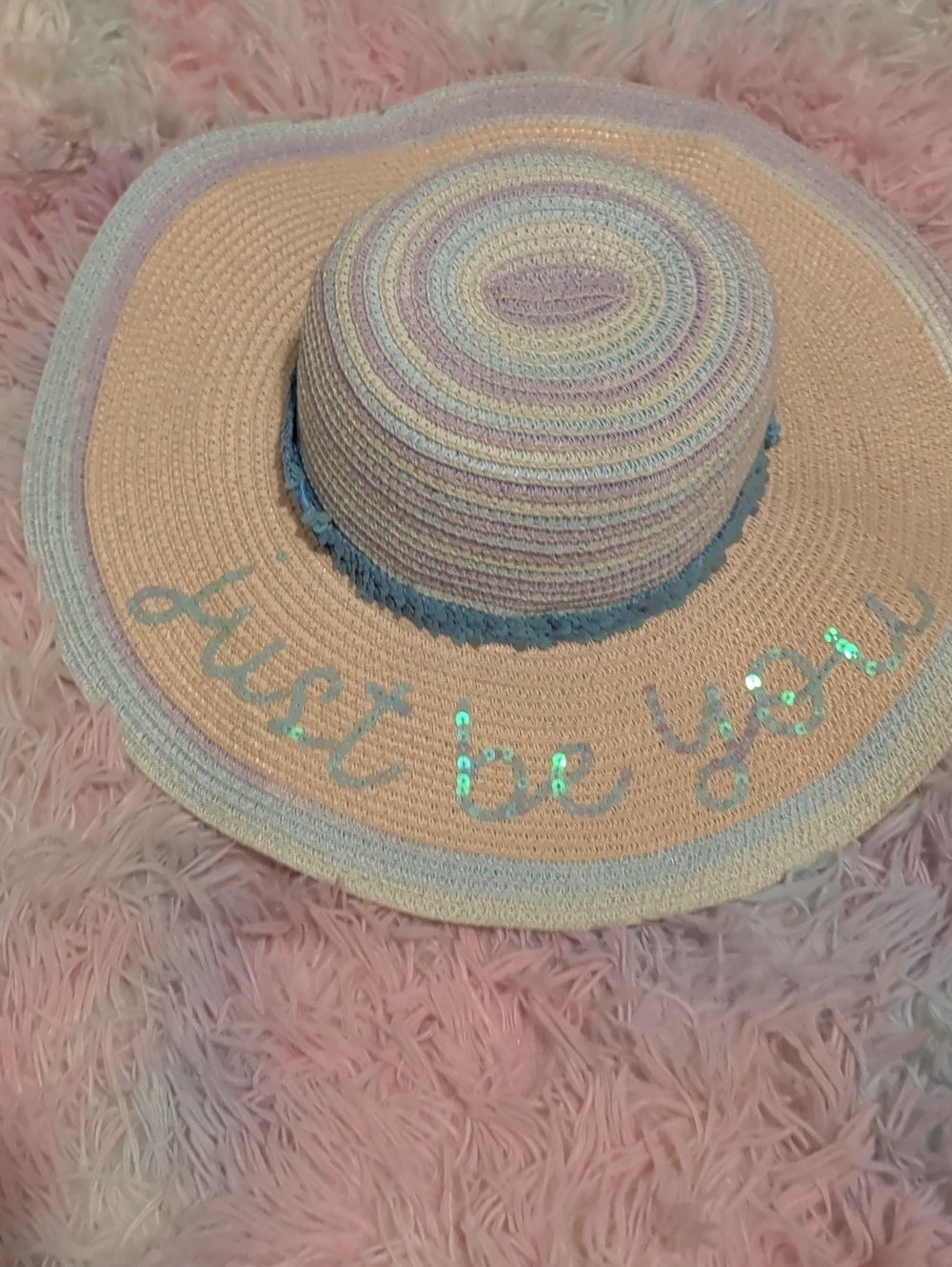 Kids Wide-Brim Sun Hat - Pastel Pink with Shimmer Text